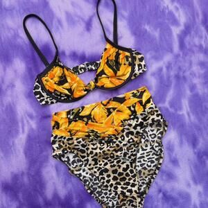 Elizabeth Stewart vtg 80s leopard and floral high waisted bikini set